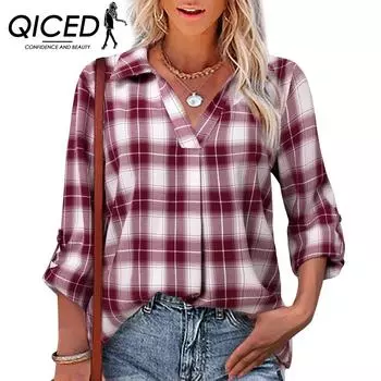 QICED Весенне-осенний стиль, коллаж с длинным рукавом и v-образным вырезом, свободная женская рубашка типа S чёрный