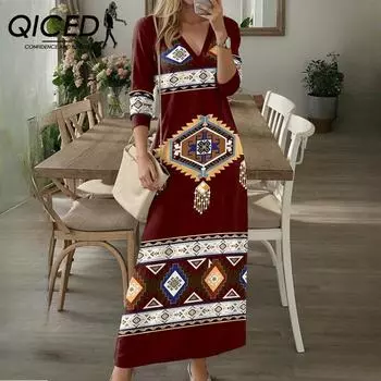 Женское платье QICED Spring Festival с принтом, V-образным вырезом и длинными рукавами S розы вэйл