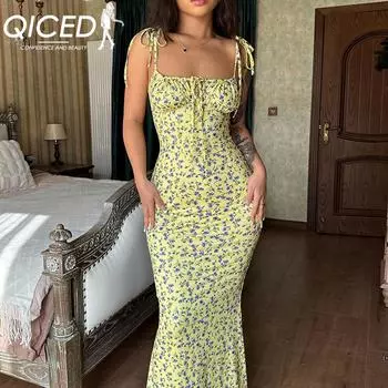 QICED Весеннее маленькое платье-юбка с цветочным принтом, женское платье S синий