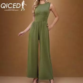 QICED Весенний однотонный тонкий комбинезон без рукавов с высокой талией и широкими штанинами S чёрный