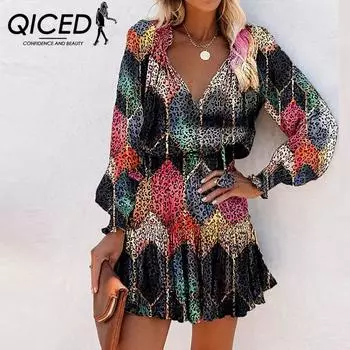 QICED Весенне-летнее модное платье с v-образным вырезом и принтом на талии для женщин с длинными рукавами S