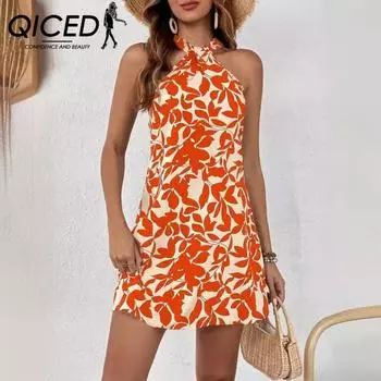 QICED Весна-лето с принтом, юбка-бретелька без рукавов с баской, женское платье с лямкой на бретельках S