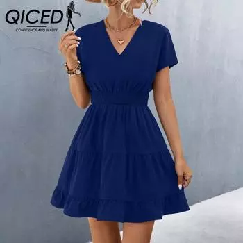 QICED Весенне-летнее свободное лоскутное платье с однотонным принтом и коротким рукавом с v-образным вырезом S чёрный