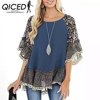 QICED Футболка женская весна-лето с рукавами-летучая мышь и цветочным принтом в тон, с леопардовым принтом и средним рукавом S чёрный
