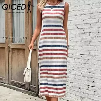 QICED Весенне-летнее женское полосатое повседневное платье без рукавов с разрезом для женщин S абрикосовый