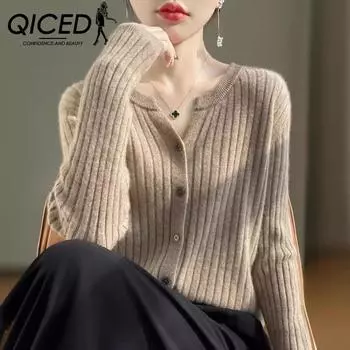 QICED Spring Sweater Knit Round Neck Slim Short Draw Strip Solid Color Knit Cardigan Soft Coat Women Uniform size