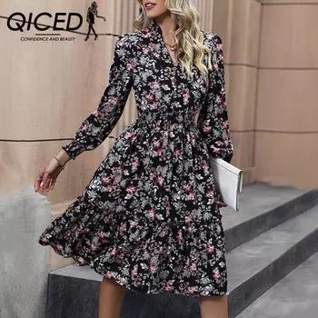QICED Весеннее женское платье с длинным рукавом и v-образным вырезом с цветочным принтом S чёрный