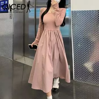 QICED Платье для перерыва на чай с квадратным воротником и длинными рукавами, детская весенне-осенняя тонкая утягивающая темпераментная лоскутная юбка трапециевидной формы S розовый