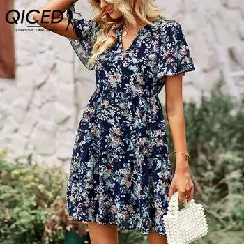 QICED Стильное деревенское модное платье, весенне-осенняя юбка с v-образным вырезом и принтом S абрикосовый