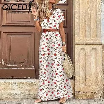 QICED Стильное платье с v-образным вырезом и цветочным принтом в стиле бохо S