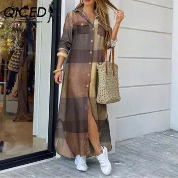 QICED Стильное женское свободное длинное платье-рубашка с воротником и длинными рукавами S красный