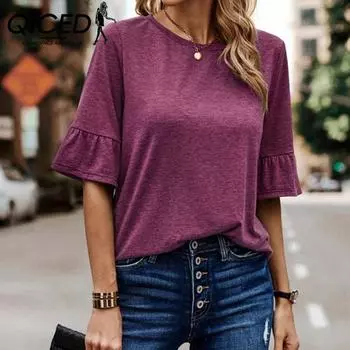 QICED Летняя и осенняя женская однотонная однобортная модная футболка с рукавами лотоса S чёрный