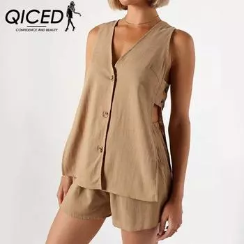 QICED Летний комплект из двух частей с шортами на пуговицах без рукавов из хлопка и льна S хаки
