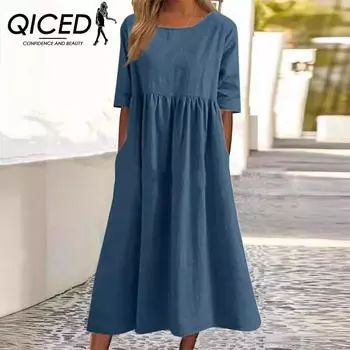 QICED Summer Cotton Linen Casual Short Sleeve Pocket Pleated Loose O-Neck Dresses S чёрный