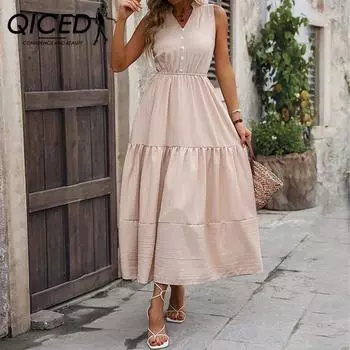 QICED Летняя модная юбка без рукавов, тонкое однотонное платье S абрикосовый