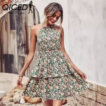 QICED Летнее тонкое платье без рукавов с подтяжками и бретельками на шее с цветочным принтом для женщин S