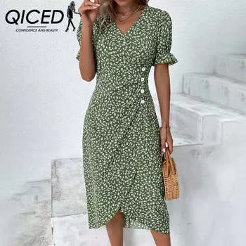 QICED Летнее платье-коллаж с геометрическим рисунком, рукавами-фонариками и неровным подолом S