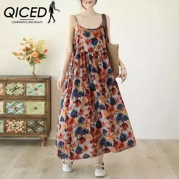 QICED Summer Large Size Literature and Art Sweet A-line Skirt Lady Loose Type Chest Type Sleeve Sleeveless Halter Dress Woman