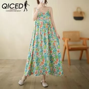 QICED Summer Literature and Art Sweet Skirt Lady Loose Type Chest Type Sleeve Sleeveless Halter Dress Woman