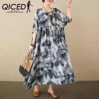 QICED Summer Loose Plus Size Retro National Style Cotton and Linen Ink Print Short-sleeved Dress for Women Round Neck Long Skirt