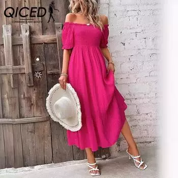 QICED Летнее облегающее пляжное праздничное платье с трапециевидным вырезом S