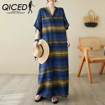 QICED Летнее женское платье с V-образным вырезом большого размера, тонкое, из хлопка и конопли, свободного покроя, с цветочным принтом, с принтом, с юбкой, для пляжа Uniform size