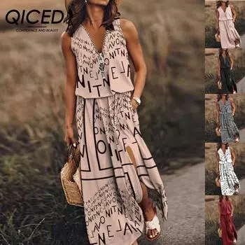 QICED Summer Women Dress Long Sleeveless Casual Ladies Dress Zipper Letter Print Waist S белый