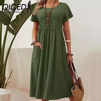 QICED Summer Women Plus Size Dress Long Solid Cotton Linen Round Neck Pockets Pleated Short Sleeve Dresses S красный