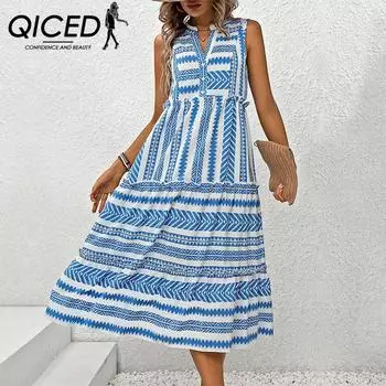 QICED Летнее женское праздничное платье в стиле бохо S синий