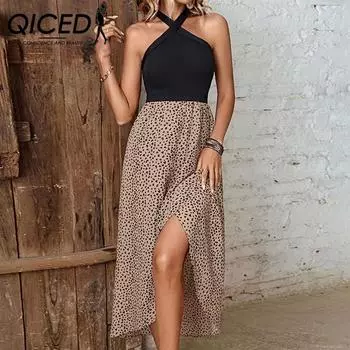 QICED Летнее женское платье с леопардовым принтом и вырезом через шею, нерегулярное разрезное платье S хаки