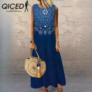 QICED Летние женские платья с круглым вырезом без рукавов, свободные, с принтом, длинные платья S