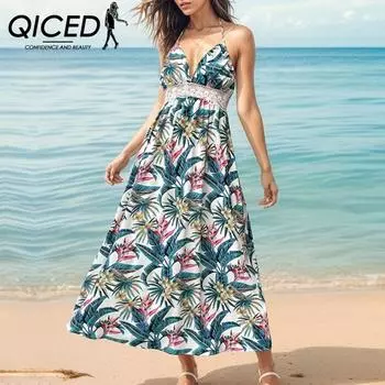 QICED Летнее женское праздничное платье с лямкой на бретельках и растительным принтом S белый