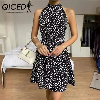 QICED Летнее женское платье без рукавов в горошек со шнуровкой и рюшами S чёрный