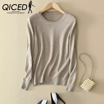 QICED Свитер женский трикотажный осенне-зимний круглый вырез облегающий нешерстяной короткий большой размер пуловер базовая рубашка S жёлтый