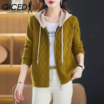 QICED свитер с капюшоном женское пальто осень и зима мода молния вязаный кардиган женский с мягким вощеным верхом Uniform size
