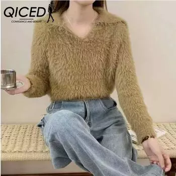 QICED Свитер с лацканами женский искусственный мех норки осень и зима модный свободный с высокой талией короткий мягкий восковой свитер Tide Uniform size синий