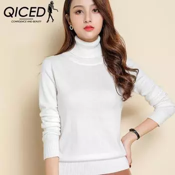 QICED свитер водолазка свитер осень и зима пуловер длинный рукав однотонный свободный низ вязаный для женщин S белый
