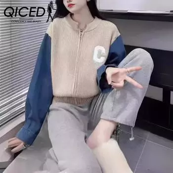 QICED свитер женский пэчворк деним осень и зима свободный винтажный стиль пальто круглый вырез повседневный кардиган топ Uniform size серый