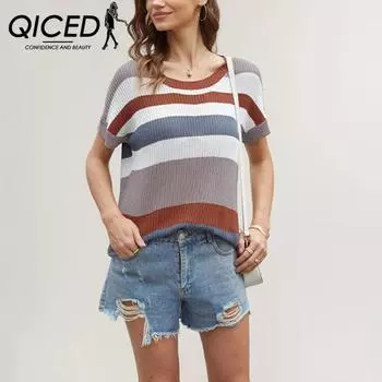 QICED Свободная футболка в полоску в стиле пэчворк, повседневный женский свитер с короткими рукавами S синий