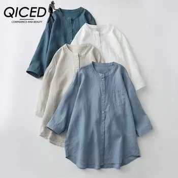 QICED Свободная японская хлопково-льняная рубашка больших размеров, женская летняя однотонная повседневная рубашка с круглым вырезом и семиточечным рукавом M