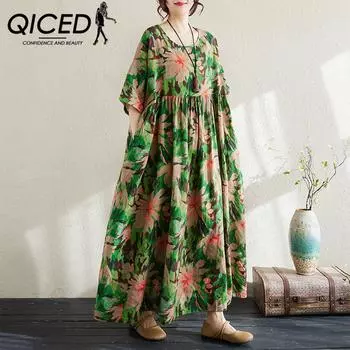 QICED Свободное тонкое платье большого размера в стиле ретро из хлопка и льна с принтом, летняя тонкая модель для полных мм в повседневном стиле с большой юбкой для женщин Uniform size