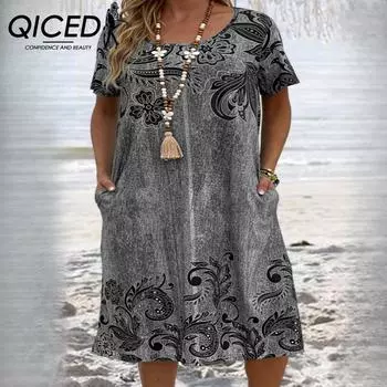 QICED Весна и лето Большие размеры Женские свободные платья с карманами и принтом XL серый