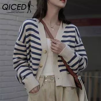 QICED Свободный повседневный полосатый вязаный кардиган женский осенне-зимний ленивый короткий свитер пальто кардиган Uniform size