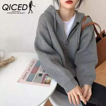 QICED Temperament вязаное пальто с капюшоном для женщин весна и осень студенческая одежда свободный свитер короткий вязаный свитер Uniform size чёрный