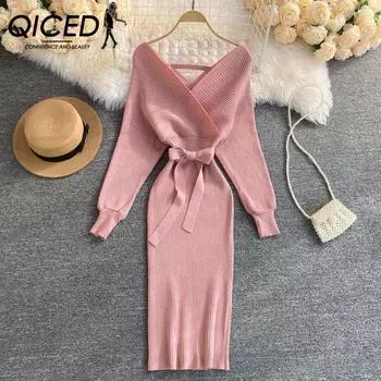 QICED темпераментное платье-свитер с v-образным вырезом осень-зима яркая шелковая юбка с рукавами «летучая мышь» с запахом бедра женское трикотажное платье One size