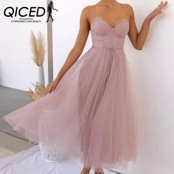 QICED Темперамент Сексуальное Слинг Сетчатое Вечернее Платье S розовый