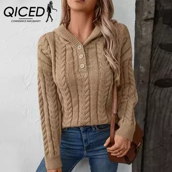 QICED Толстый свитер с капюшоном для женщин, осенне-зимняя винтажная трикотажная блузка с пуговицами и переплетением S хаки
