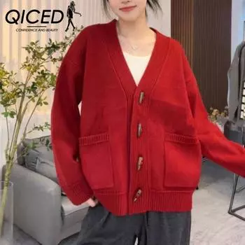 QICED Топ с роговыми пуговицами, женский весенний мягкий вощеный свободный свитер большого размера с V-образным вырезом, вязаный кардиган, пальто Uniform size