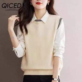 QICED трикотажный жилет для женщин весна и осень короткий жилет без рукавов с верхом и низом застежка для рубашки для женщин трикотажные жилеты Uniform size