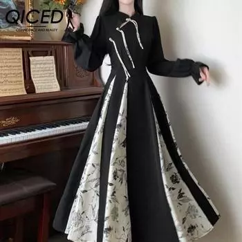 QICED Ретро-стиль Улучшенная длинная юбка-чеонгсам Детское осеннее платье с принтом и длинными рукавами Весна S чёрный